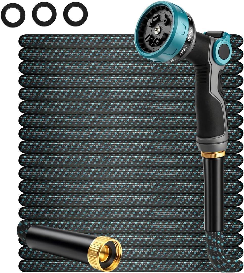 50FT Non-Expandable Garden Hose, Lightweight Kink-Free Water Hose with 10-Pattern Spray Nozzle, 3/4" Brass Connectors, Leak-Proof Abrasion Resistant Flexible Hose for Lawn, Yard, Car Washing