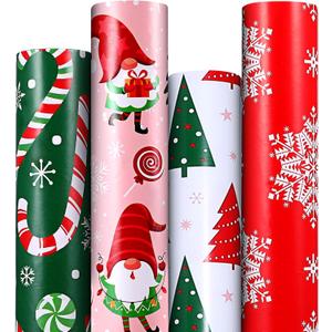 Panigkids Christmas Wrapping Paper 4 Rolls with Santa Claus, Snowflakes, Candy, Pine Designs, for Men Women Kids, 16.9 In x 16.4 Feet, for Christmas, Holiday, Party Celebration