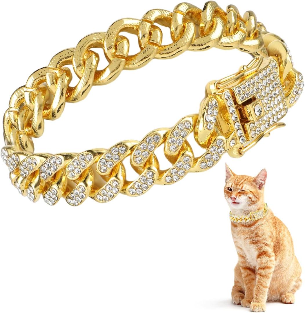 Amabro Diamond Cat Chain Collar, Metal Cuban Link Dog Collar with Secure Buckle Cat Pet Necklace Chain Pet Collar Jewelry Accessories for Small Medium Dogs Cats Puppy Kittens (Gold, 10 inch)