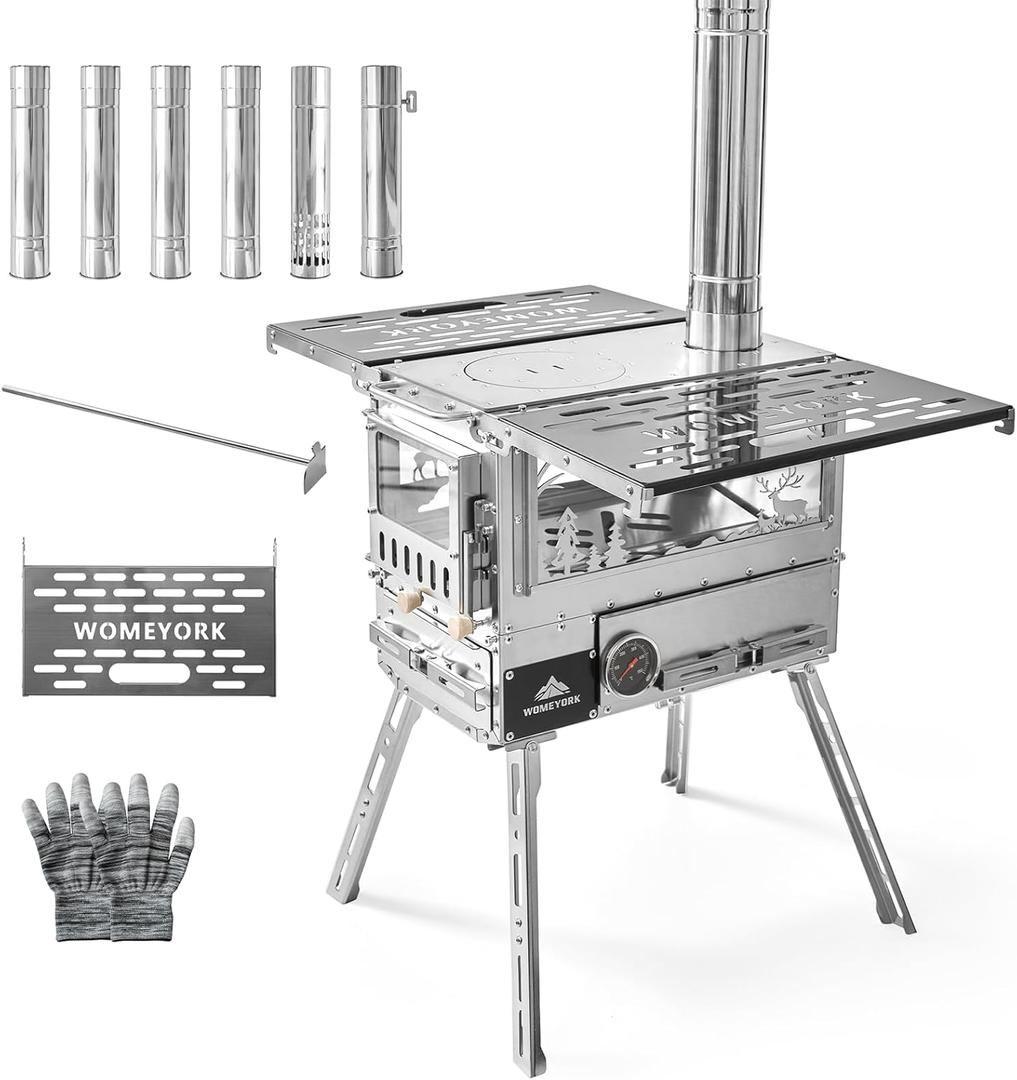 Multi-Fuel Camp Stove with Baking Oven & Steel Chimney Pipe  Portable Tent Stove for Outdoor Shelter Heating, Cooking, and Wilderness Survival(Silvery)