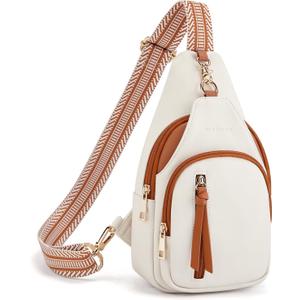 Missnine PU Leather Sling Bag for Women Quilted Chest Crossbody Trendy Travel Bag for Hiking Cycling with Tassel (Beige & Brown)