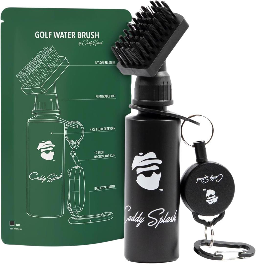 Caddy Splash Golf Club Brush Cleaner with Water - Heavy Duty Retractable Clip- Squeeze Bottle for Easy Cleaning with Nylon Bristles- Holds 4 Oz Water - Golf Accessories for Men- USA Company (Black)