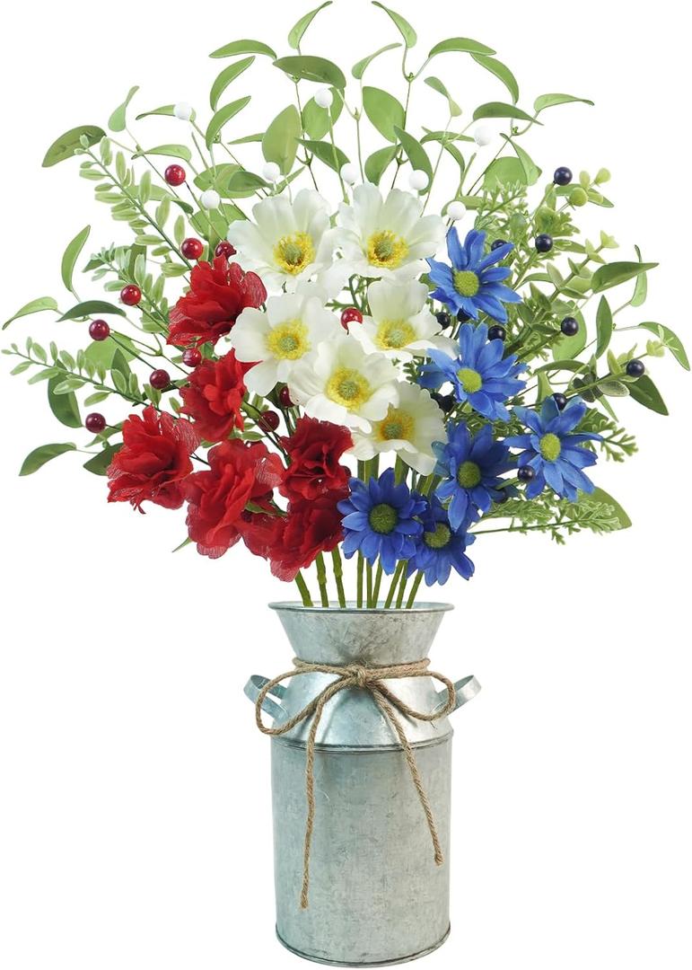 Krissing 9pcs Patriotic Artificial Flowers, Red White and Blue Flowers with Vase for 4th of July Decorations Patriotic Cemetery Flowers for Independence Day Memorial Day Table Centerpiece