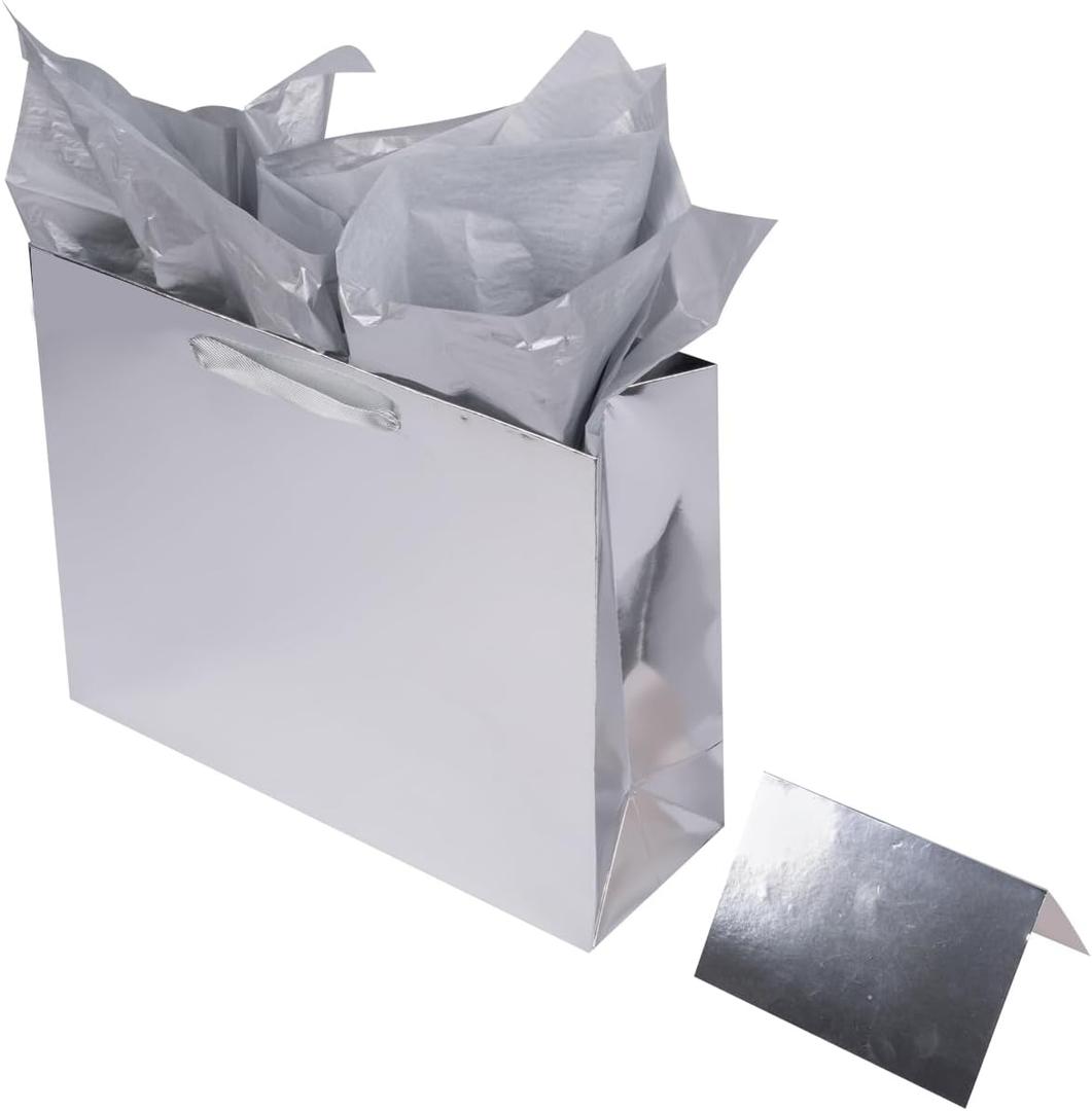 Lyforpyton Large Gift Bags with Tissue Paper 13"x4.3"x10.2" Silver Gift Bags for Father's Day, Birthday Party, Wedding, Baby Shower