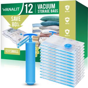 12Pack Small Vacuum Storage Bags, New Air Valve Space Saver Vacuum Sealer Bag for Clothes, Comforters, Blankets, Bedding, Hand Pump Included, Two Vacuum Ways (12 Small Hand Pump)