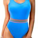 Jolefille One Piece Swimsuit Women Tummy Control High Cut Bathing Suits Modest Low Back Color Block Swimwear, X-Large
