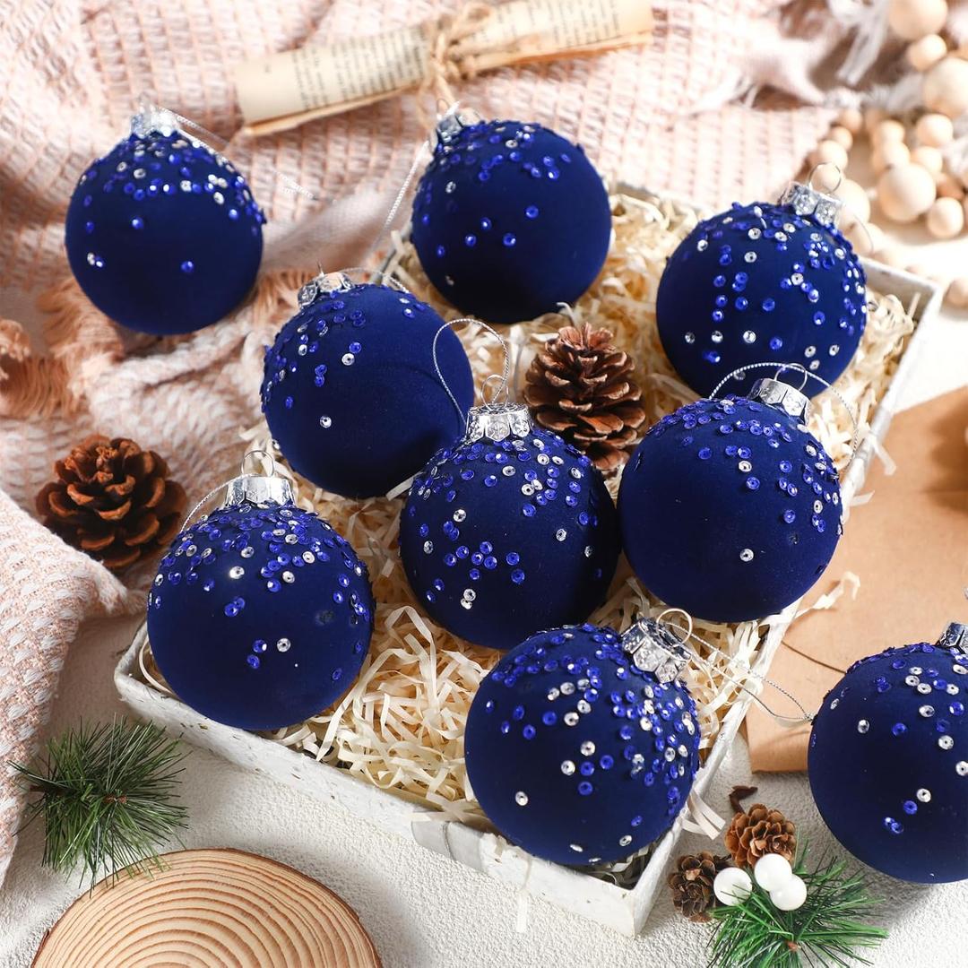 Sosation 12 Pcs 3.14" Glitter Royal Blue Sequin Large Glass Velvet Christmas Ball Ornaments Glass Flocked Christmas Tree Ball Ornaments Xmas Balls Set for Holiday Wedding Xmas Tree Decor
