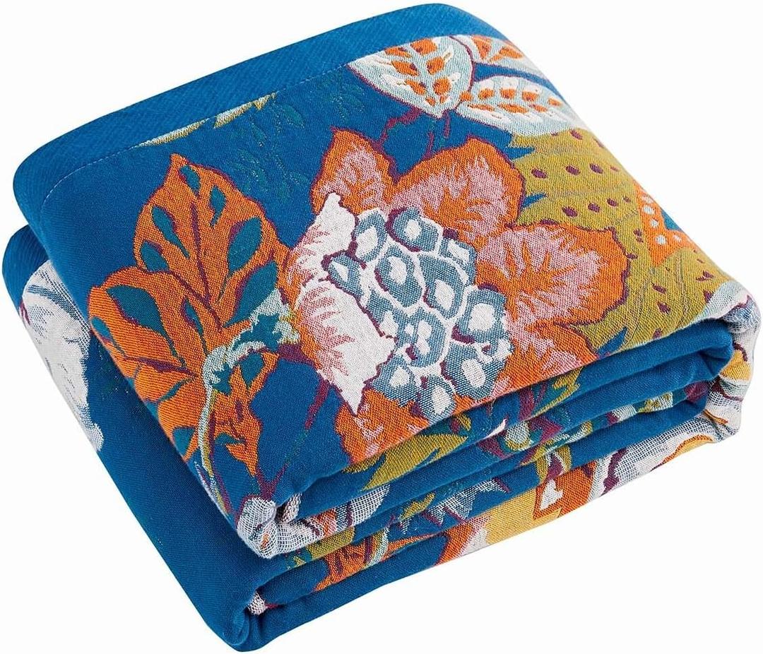 Boho Throw Blanket, Blue Lightweight Blankets for Summer, 100% Cotton Bohemian Decorative Throw Blanket, 80"x90" Reversible Muslin Breathable Woven Farmhouse Blankets Quilt
