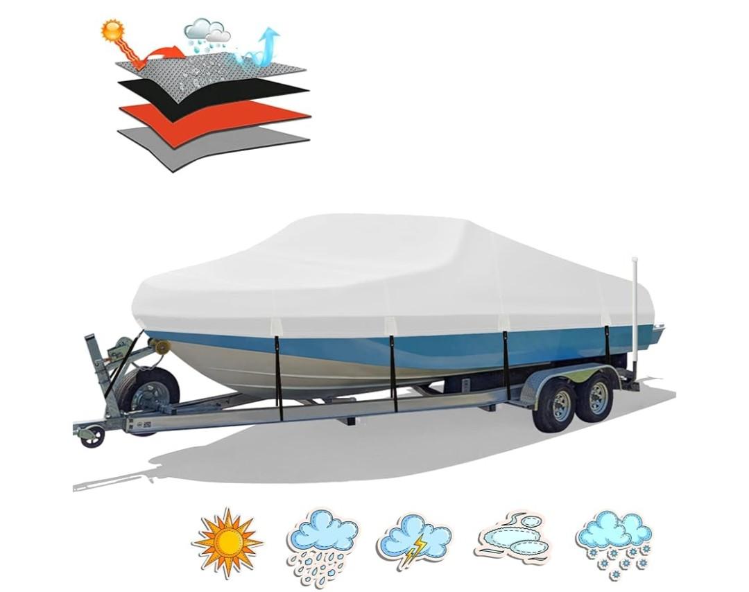 Heavy Duty 1200D PU Waterproof Boat Cover, 14'- 16' Trailerable Marine Grade Polyester Canvas, Fits 14-16ft V-Hull, Tri-Hull, Fishing Boat, Runabout, Pro-Style Bass Boat with Tightening Strap
