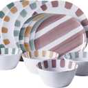 Gibson Home Cottage Stripes 12-Piece Melamine Plates and Bowls Dinnerware Set - Outdoor, Camping, & Everyday Use - Assorted Colors (Service for Four (12pcs))