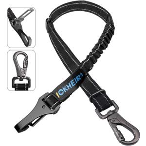 Dog Seat Belt 3-in-1 Car Harness for Dogs Adjustable Safety Seatbelt for Car Nylon Reflective Bungee Fabric Dog Car Harness with Clip Hook Latch & Buckle, Swivel Zinc Alloy Carabiner (Black)