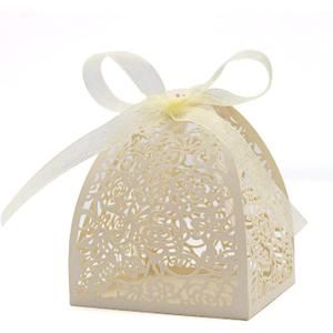 KPOSIYA Pack of 100 Laser Cut Rose Candy Boxes, Favor Boxes 2.5"x 2.5"x 3.1", Gift Boxes Bridal Shower Anniverary Birthday Party Wedding Favor (100,Beige)