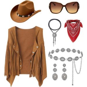 Cowgirl Outfits for Women, Cow Girl Cowgirl Vest Costume Outfit Hat Accessories Sets (Small, Brown)