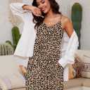 Marvmys Womens Cotton Sleeveless Nightgown Spaghetti Strap V Neck Full Slip Sleep Dress with Pockets (X-Large, Leopard)