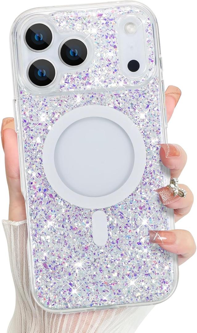 Bonoma for iPhone 17 Pro Max Case 2025 Sparkly Glitter Bling Back, Magnetic Support for MagSafe Shockproof, Crystal and Clear High-Duty Protection for Girls Women -Glitter Crystal