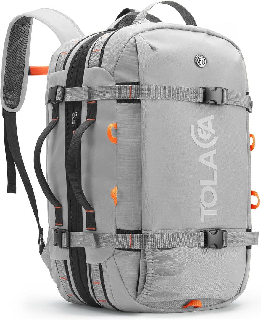 Tolaccea Travel Laptop Backpack, Large Carry on Backpack Flight Approved Convertible Duffle Luggage Bag Daypack Work Business Rucksack Fits 16" Laptop for Men Women 3 Carrying Ways, 40L-50L Expandable (Light Gray)