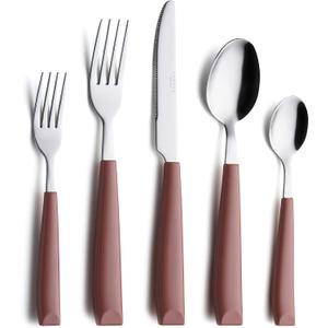 ANNOVA Silverware Set Stainless Steel Colorful Handle Tableware Kitchen Flatware Set Utensils, Includes Dinner Knives, Forks, Spoons & Dessert Spoons (Brown, 16 Pieces) (Large)