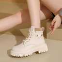 Women's Round Toe Leather High-Top Lace-Up Ankle Boots With Thick Sole And Non-Slip Side Zipper Suitable For Dating, Shopping, And Walking (White) 4.5