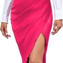 LYANER Women's Satin Skily Asymmetrical Split Slit Ruched Hight Waist Bodycon Midi Skirt Hot Pink X-Large