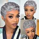 Grey Short Curly Pixie Cut Wigs Remy Human Hair for Black Women, Silver Grey Deep Wave 100% Human Hair Pixie Wig Wear and Go Glueless Layered Curly Wavy Pixie Cut Edgy Old Lady Cosplay Wig With Bangs
