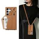 LUVI Compatible with Galaxy S25 Ultra Wallet Stand Case PU Card Bag Holder Crossbody Wrist Strap Ring Kickstand Protection Fashion Shockproof Cover for Women Man Girls-Brown