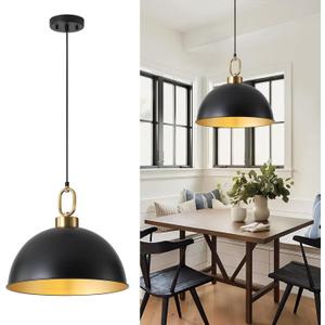 16.1" Large Farmhouse Pendant Lights Kitchen Island, Industrial Dome Pendant Light Fixture, Matte Black with Gold Handle Adjustable Height Hanging Island Light for Dining Room,Kitchen,Cafe