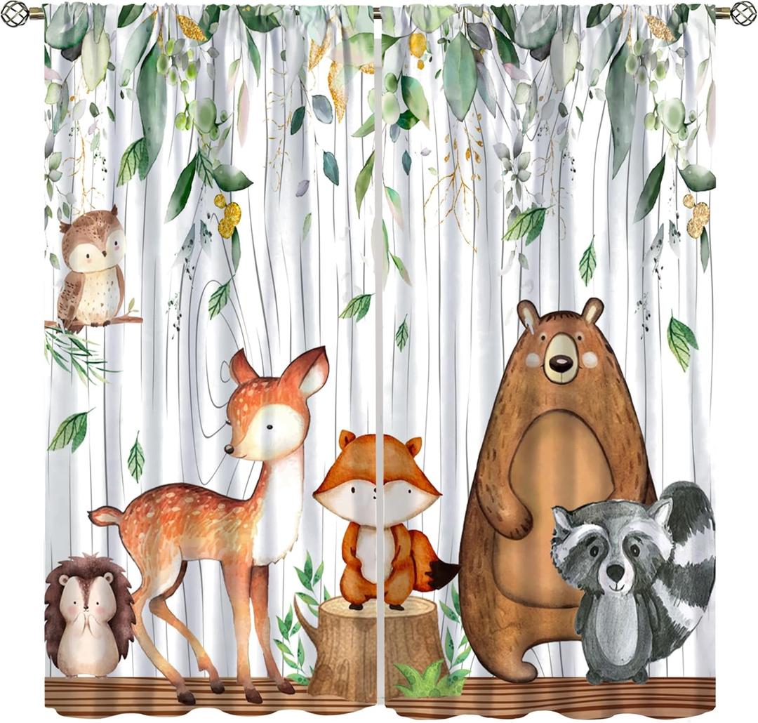 YCness Forest Animal Curtains, Watercolor Wild Animal Bear Fox Deer Kids Window Treatments for Living Room Bedroom,Green Woodland Tree Kids Drapes 2 Panel Sets,42x45 Inch, Style-2