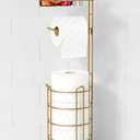 Gold Free Standing Toilet Paper Holder Stand with Phone Shelf, Floor Bathroom Tissue Holder for Large Mega Rolls, Metal Freestanding Toilet Paper Roll Holder with Wipes Storage Tray