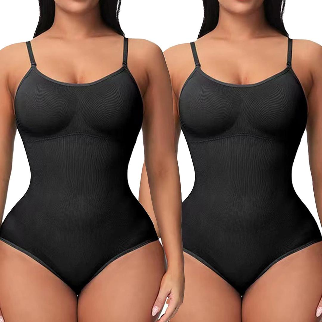 2 Pack Bodysuit for Women - Seamless Tummy Control Shapewear Sculpting Thong Sleeveless Women Body Shaper (Small, Black-brief+black-brief)