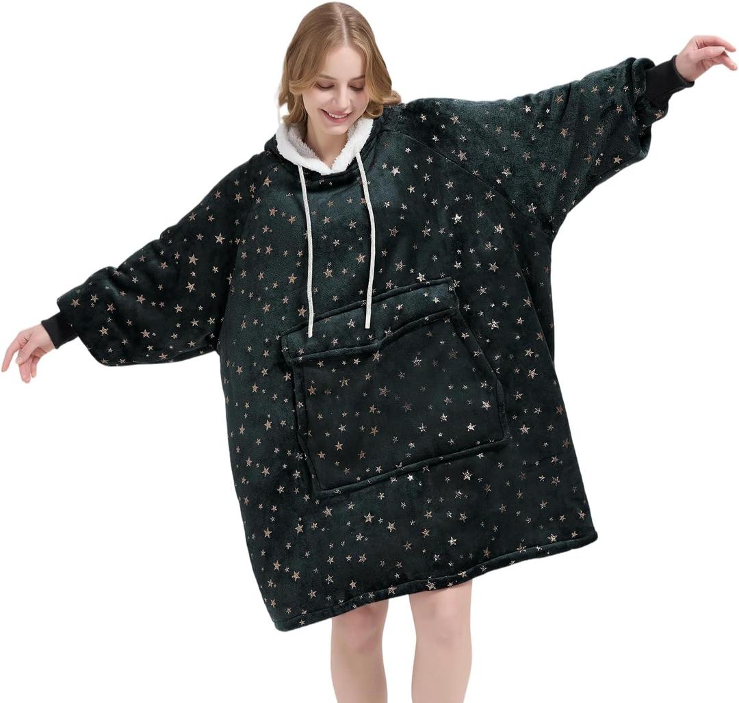 Qeils Wearable Blanket Hoodie for Women, Comfy Sherpa Sweatshirt Blanket as Birthday Christmas Gifts, Oversized Pullover Jacket Blanket Hoodie for Adult (Graphite Foil Star, Adult)