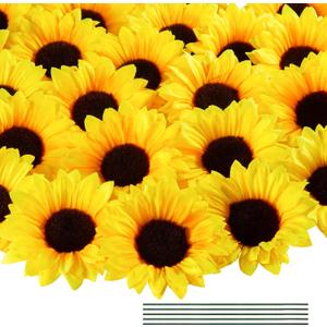 Coferset 40pcs Fake Sunflower Heads with Stems, 4" Sunflower Artificial Silk Flower Heads for Party Baby Shower Wedding Making Handicrafts Home Decor(Yellow)