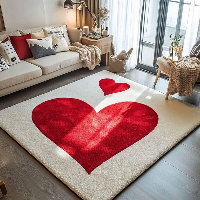 4 x 6 Area Rug with Cute Red Heart Pattern for Girls Bedroom - Plush Soft Baby Plush Bedside Indoor Rugs, Rectangular Non-Slip Small Living Room Carpets, Stylish Decor for Girls