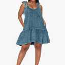 Women Denim Cami Dress Tie Shoulder Ruffle Hem Short Dresses Babydoll Wash Jean Sundress with Pocket Large, Blue