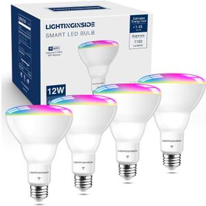 Lightinginside Smart Light Bulb 75W Equivalent, 1100LM 12W RGBCW BR30 E26 Bulb Works with Alexa/Google Home/Smart Life, 2.4G WiFi Bluetooth Recessed Flood LED Bulbs, No Hub Required, ETL Listed, 4 PCS