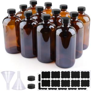 12 Pack 16 oz Amber Glass Bottles, Boston Round Sample Bottles with Black Poly Cone Caps, Labels and Funnels