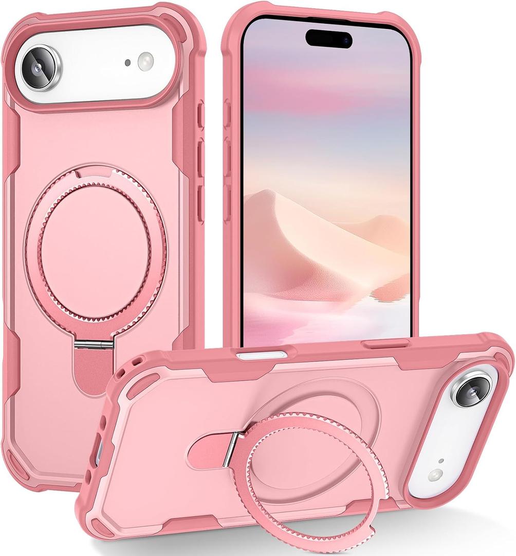 Compatible with iPhone 17 Air Case with Invisible Magnetic Kickstand [Compatible with MagSafe] [10-FT Military Drop Protection] Slim Hard Back Soft Edge Phone Cover 6.6 Inch, Pink