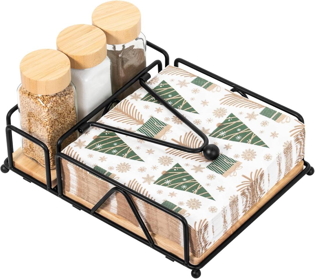 Baffect Napkin Holder For Table With Salt And Pepper Tray, Flat Napkin Dispenser With Weighted Arm,Black Napkin Storage For Dinner, Table Decor, Kitchen, Home Bar, Party, Hotel (Wood, Metal)