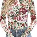 Dealmore Floral Mesh Mockneck Tops Trendy Going Out Tops fot Women with Thumb Hole Fashion Fall Outfits 2024, Floral Spice, M