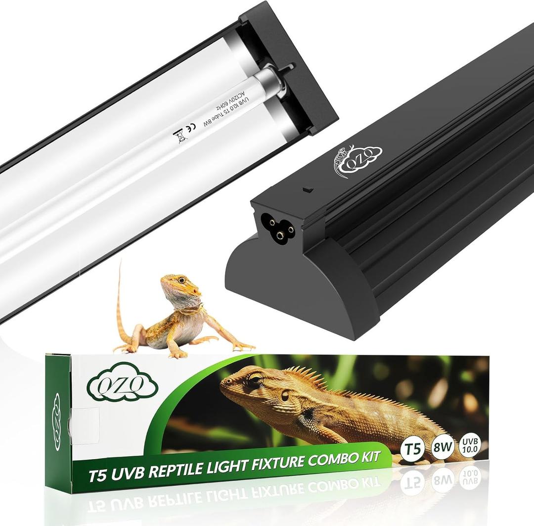 QZQ T5 UVB Reptile Light Fixture Combo Kit 8W, 10.0 UVB Light for Reptiles, Terrarium Hood Comes with Desert UVB Lamp for Bearded Dragon, Gecko, Tortoise, Lizard (8W-12.4IN)