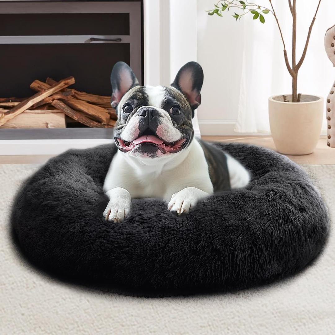 JOLLYVOGUE Calming Dog Bed Medium Size Dog, Anti-Anxiety Donut Medium Pet Bed, 31 inches Fluffy Faux Fur Round Cat Bed, Fits up to 45 lbs Pets (Black) (31.0"L x 31.0"W x 8.0"Th)