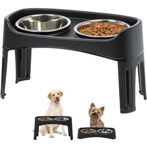 IRIS USA Elevated Dog Bowls Adjustable Stand, Raised Feeding Station with 2 Stainless Steel 64 oz Bowls, Spill Guard, Dual Height 12.25" or 4.63", Made in USA, Black