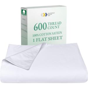 California Design Den Queen Size Flat Sheet Only - 100% Cotton, 600 Thread Count, 1 Piece Top Sheet, Extra Soft Bed Sheet, Breathable Sateen, Premium - Bright White