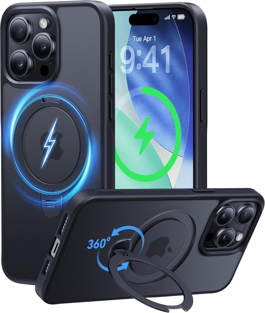 CASEKOO Patented 360 Spin Magnetic Stand for iPhone 15 Pro Max Case [Military Drop Protection] [Non-Slip Edge] [Compatible with MagSafe] Matte Shockproof Slim for 15 ProMax Case 6.7'', Black