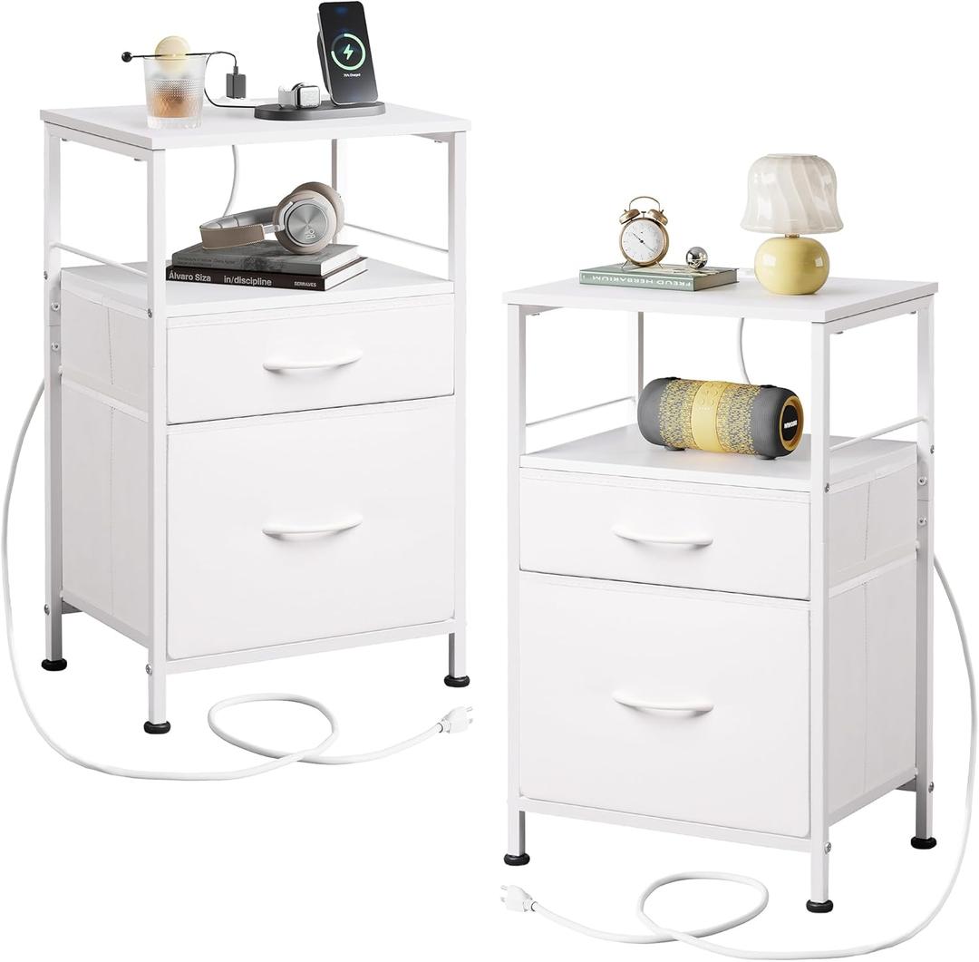 WLIVE Night Stand Set 2, White Nightstand with Charging Station, Nightstands for Bedroom Set of 2, Bedside Tables, Side Table with 2 Fabric Drawers, Small Dresser with USB Ports and Outlets
