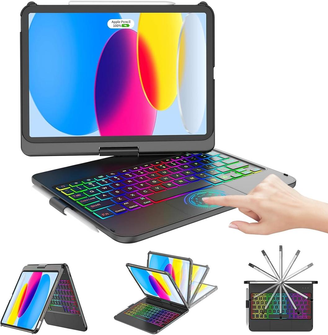 CC Store for iPad (A16) 11th 10th Generation Case with Keyboard - 7 Color Backlit 360 Swivel Multi-Touch Track Pencil Holde for iPad 11-inch A16 2025 10th Gen 10.9 Inch 2022 (Black)
