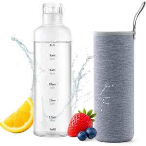 Reusable Borosilicate Glass Water Bottle 16 oz with Sleeve  Slim, Clear, Leakproof Bottle with Time Marker  BPA-Free, Double-Walled, Wide Mouth, for Hot or Cold Drinks, Motivational Gift (Clear)
