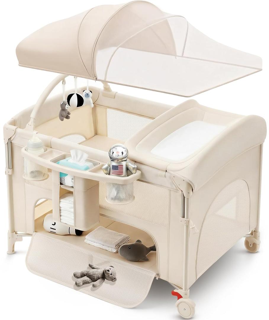 4 in 1 Baby Bassinet Bedside Crib with One-Hand Setup & Waterproof Mattress – ASTM-Certified Pack and Play, Portable Foldable Playard with Diaper Changer for Newborn to Toddler(Khaki)