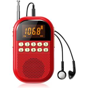 Pocket AM FM Radio:1100mAh Rechargeable Radio Supports Bluettoth, Mini FM AM Receiver with Large Speaker, Stereo Earphone, Sleep Timer, Easy to use for Jogging, Walking Red