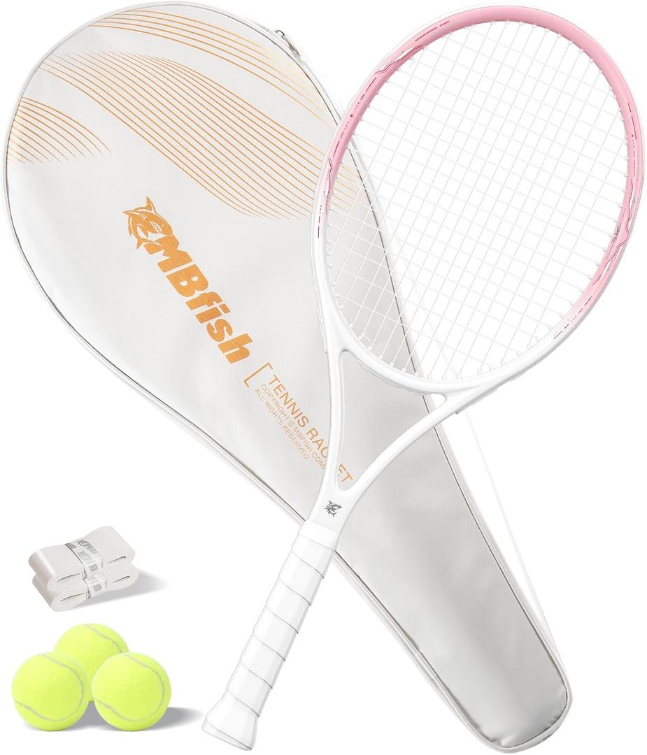 Tennis Racket - Super Value Set with Pre-Strung, Comfortable Handle, 27'' Tennis Racquet for Adults, Natural Series Includes 3 Tennis Balls, 2 Overgrips and 1 Tennis Bag (Rose Pink)