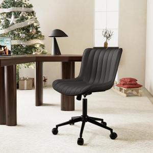 YOUNIKE Black Home Office Desk Chair with Wheels Comfy Armless Cute Vanity Chair with Adjustable Rocking Back Modern Leather Upholstered Rolling Swivel Small Task Drafting Sewing Chair Compact